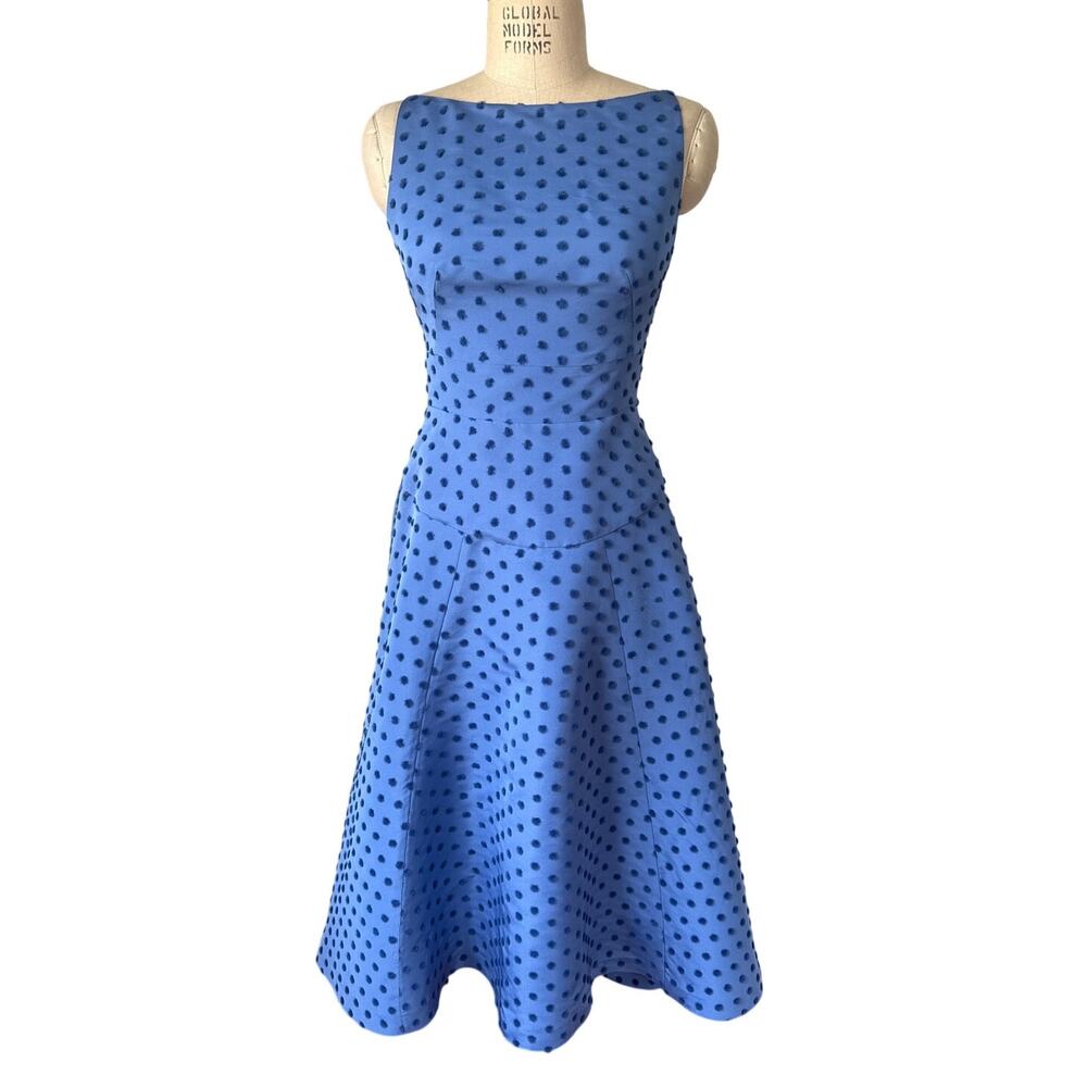 Lela Rose Sleeveless Silk Dress in Blue Silk Faille Flocked Dot Size 2 Cocktail